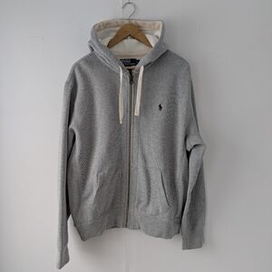 Polo Ralph Lauren Light Grey Oatmeal Zip-Up Hoodie Waffle Knit Hood - Size Large